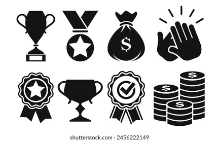 Success and trophy vector web icon set isolated on white background. Flat design elements for honor and praise, business symbols for great work or sport achievements