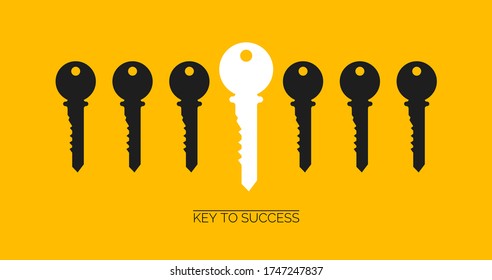 Success and uniqueness concept. White key standing out among others on yellow background, creative vector illustration. Panorama