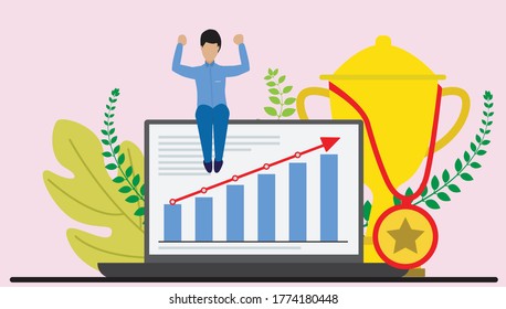 Success vector concept. Business people celebrating victory, gold cup, success, sward, winning, celebration flat vector India stock illustration 