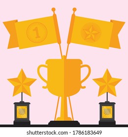 Success vector concept. Business people celebrating victory, gold cup, success, sward, winning, celebration flat vector