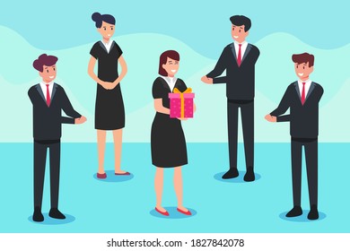 Success vector concept: Businesswoman getting a gift box and applause from her colleagues 