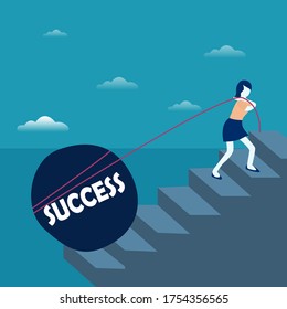 Success vector concept: businesswoman struggling to climb  the staircase while pulling and carrying the big boulder written Success