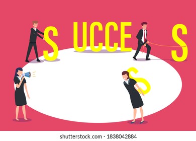 Success vector concept: Group of business people arrange success text commanded by female leader