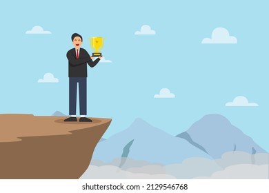 Success vector concept. Happy businessman holding a trophy while standing on the cliff