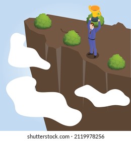 Success vector concept. Male manager expressing success while raising a trophy on the cliff