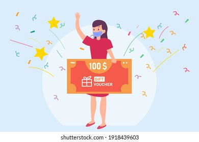 Success vector concept: Young woman winning gift voucher while wearing face mask