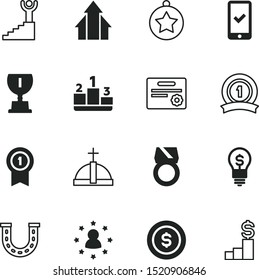 success vector icon set such as: exit, mobile, wreath, certification, safety, diamond, treasure, progress, ruby, awards, invention, light, pictogram, logo, circle, grow, gift, favorite, upstairs