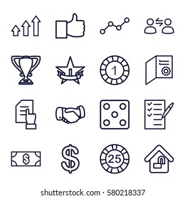 success vector icons. Set of 16 success outline icons such as Coin, 1 casino chip, 25 casino chip, Dice, handshake, pointing on document, check list, line graph, home lock