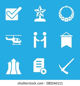 Success vector icons. Set of 9 Success filled icons such as star trophy, arrows up, diploma, hammer, necklace, flag, tick, helicopter