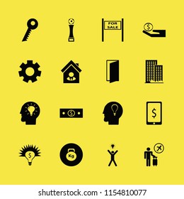success vector icons set. with house seller, money cash, bulb head and football cup in set