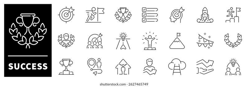 Iconos de vector de éxito. Éxito de la colección de iconos de línea delgada. Éxito, logro, éxito, estrategia, ganador, trabajo en equipo, objetivo, desafío, tarea