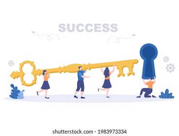 Success Vector Illustration Of Achieving Vision, Goal, Planning, Target, Strategy, Action, Consistency To Success. Landing Page Template