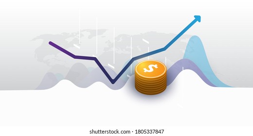 Éxito - Ilustración vectorial de monedas en dólares, diagrama y mapa mundial - Concepto de diseño empresarial
