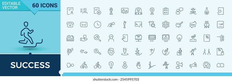 Conjunto de ícones de linha de vetor de êxito. Inclui desenvolvimento de linha fina, carreira, prêmio, medalha, homem, sucesso e muito mais. Conjunto de pictogramas de linha. Traçado vetorial editável.