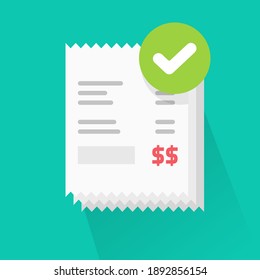 Success verified paid bills receipts with approved check mark notice on invoice vector flat cartoon icon, valid completed checkmark notification on successful paid online orders pile icon svg