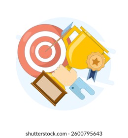 Success and victory concept. Trophy with Badge and Goal Arrow. Achievement, successful performance in business, career success, achieving goals or targets, Vector Illustration Design.