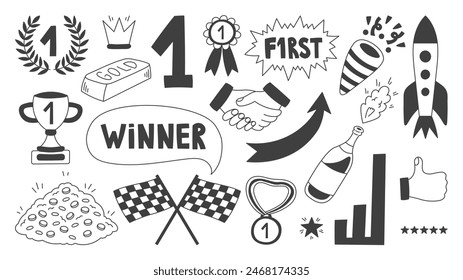 Success Victory Doodle Icons. Hand drawn line Reward symbols. Outline First place Award signs. Winner Leader Champion concept design. Vector illustration cartoon comic style