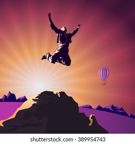 success, victory, goal, man jumping on top of the mountain on the background of the rising sun and a hot air balloon 