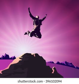 success, victory, goal, man jumping on top of the mountain on the background of the rising sun