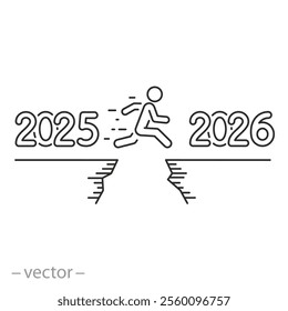 success vision in new year 2026, 2025 challenge, icon, happy man jump, future plan business goal, merry Christmas concept, editable stroke vector illustration on white background