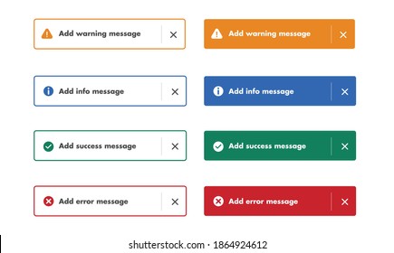 Success, Warning, Error, Info push notification message, pop-up notification, passive popup, snack bar. Vector UI Elements for web design, mobile apps.