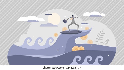 Success wave surf in business peak with ongoing money profit tiny person concept. Company progress with continuous financial earnings as perfect strategy and prosperity growth vector illustration.