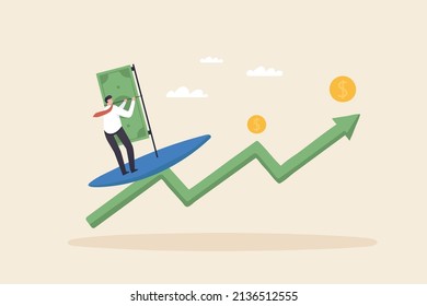 Success wave surf in business peak with ongoing money profit. ​ Investors looking for the best point to make a profit.