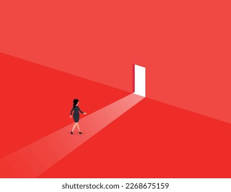 Success Way and freedom. Business woman walking to the exit through an open door.