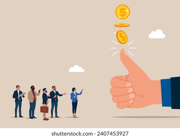 Success in wealth management. Hand of businessman tossing a coin. Flat vector illustration.