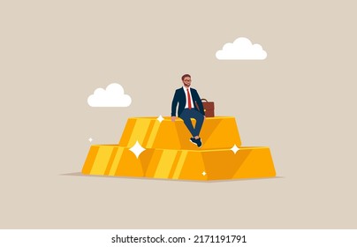 Success wealth manager, trader or rich investor sitting on stack of gold bar bullion. Gold investment, safe haven in financial crisis or wealth management and asset allocation.