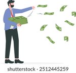 Success and wealthy fortune entrepreneur, investment profit and earning, FED stimulus monetary policy concept, happy businessman millionaire throw out pile of money banknotes flying into the air.

