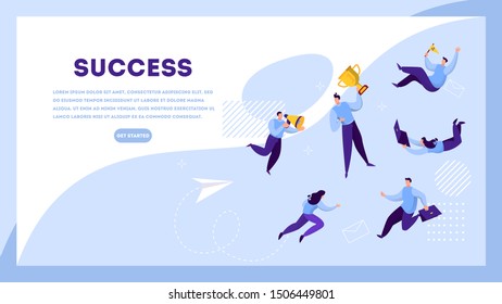 Success web banner concept. Winning in competition. Getting reward or prize for achievement. Goal, inspiration, hard work and result. Golden trophy cup and people. Isolated flat vector illustration