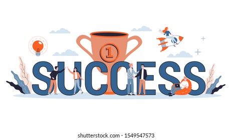 Success web banner concept. Winning in competition. Getting reward or prize for achievement. Goal, inspiration, hard work and result. Golden trophy cup and people. Isolated flat vector illustration