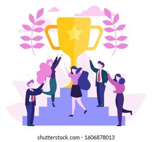 Success web banner concept. Winning in competition. Getting reward or prize for achievement. Goal, inspiration, hard work and result. Golden trophy cup and people. Isolated flat vector illustration