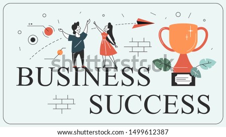 Success web banner concept. Winning in competition. Getting reward or prize for achievement. Goal, inspiration, hard work and result. Golden trophy cup and people. Isolated flat vector illustration