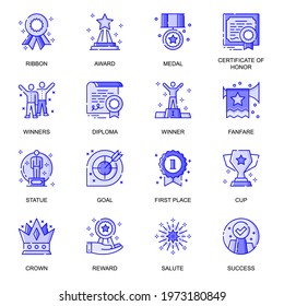 Success web flat line icons set. Pack outline pictogram of winner, goal achievement, first place, best award, challenge, progress concept. Vector illustration of symbols for website mobile app design