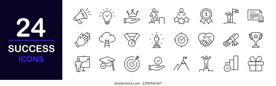 Success web icons set. Success - simple thin line icons collection. Containing reward, winner, ribbon, star, cup, and more. Simple web icons set