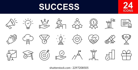 Success web icons set. Success - simple thin line icons collection. Containing reward, winner, ribbon, star, cup, and more. Simple web icons set