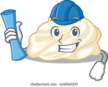 A success of whipped cream Architect having blue prints and blue helmet