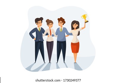 Success, win, celebration, goal achievement, business concept. Team of happy businessmen women clerks managers leaders cartoon characters with golden cup together. Reaching purpose and victory vector.
