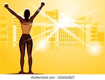 success of winner woman. silhouette of woman against the city