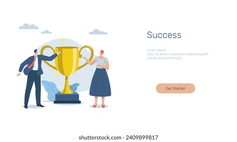 Success with winners, Achievements in excellent teamwork, Advertising media design concept, banner sign. Mobile app. Web template. Business team with trophies and celebrating success.  Vector design.