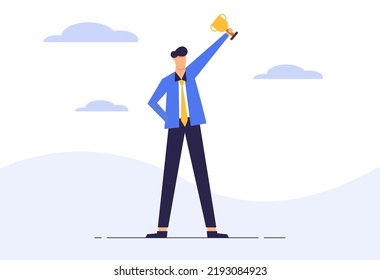 Success Winning Business Man Holding Trophy. Flat Character Design Vector.