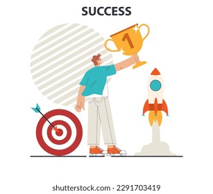 Success. Winning in competition. Getting reward or prize for achievement. Inspiration for a hard work and positive result. Flat vector illustration