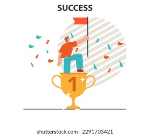 Success. Winning in competition. Getting reward or prize for achievement. Inspiration for a hard work and positive result. Flat vector illustration