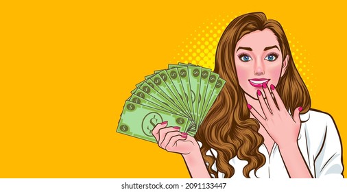 success woman holding money looking and smile Pop Art Comic Style