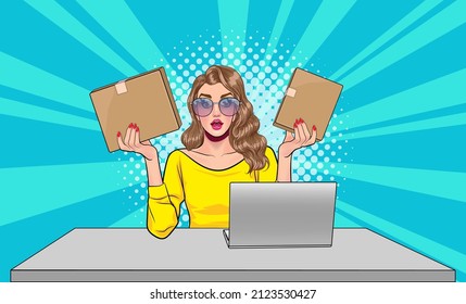 success woman holding parcel box selling products online in Pop Art Comic Style