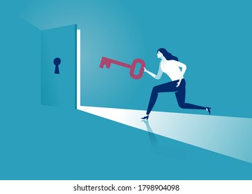 Success. Woman holds a key to opening door to success. Vector illustration