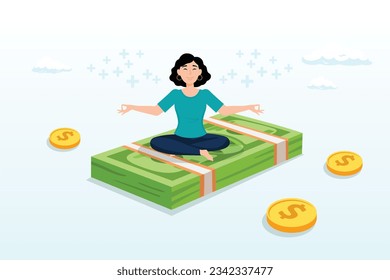 Éxito de las mujeres loto meditando sobre montones de billetes y monedas, bienestar financiero, gestión monetaria, ahorro o inversión, ganancia de dinero o riqueza, ingresos, salario o salarios (vector)