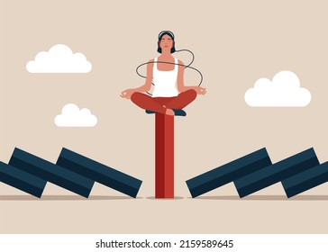 Success Woman Relax And Meditating With Yoga Pose On Standing Domino. Mindfulness Meditation Relax To Reduce Stress And Eliminate Distraction, Calm To Build Energy Or Spiritual Wellness Concept.